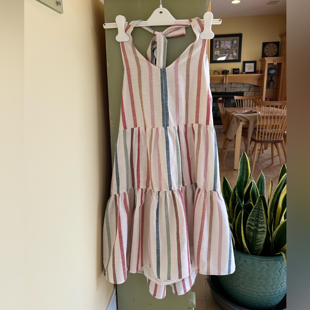 American Eagle Outfitters Cotton Linen Rainbow Striped Halter Tie Dress Large - Picture 3 of 16